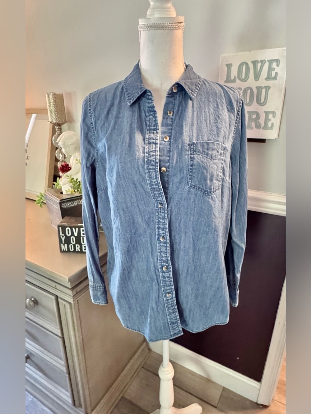 Talbots Petite Chambray Button Front Shirt LP 100% Cotton